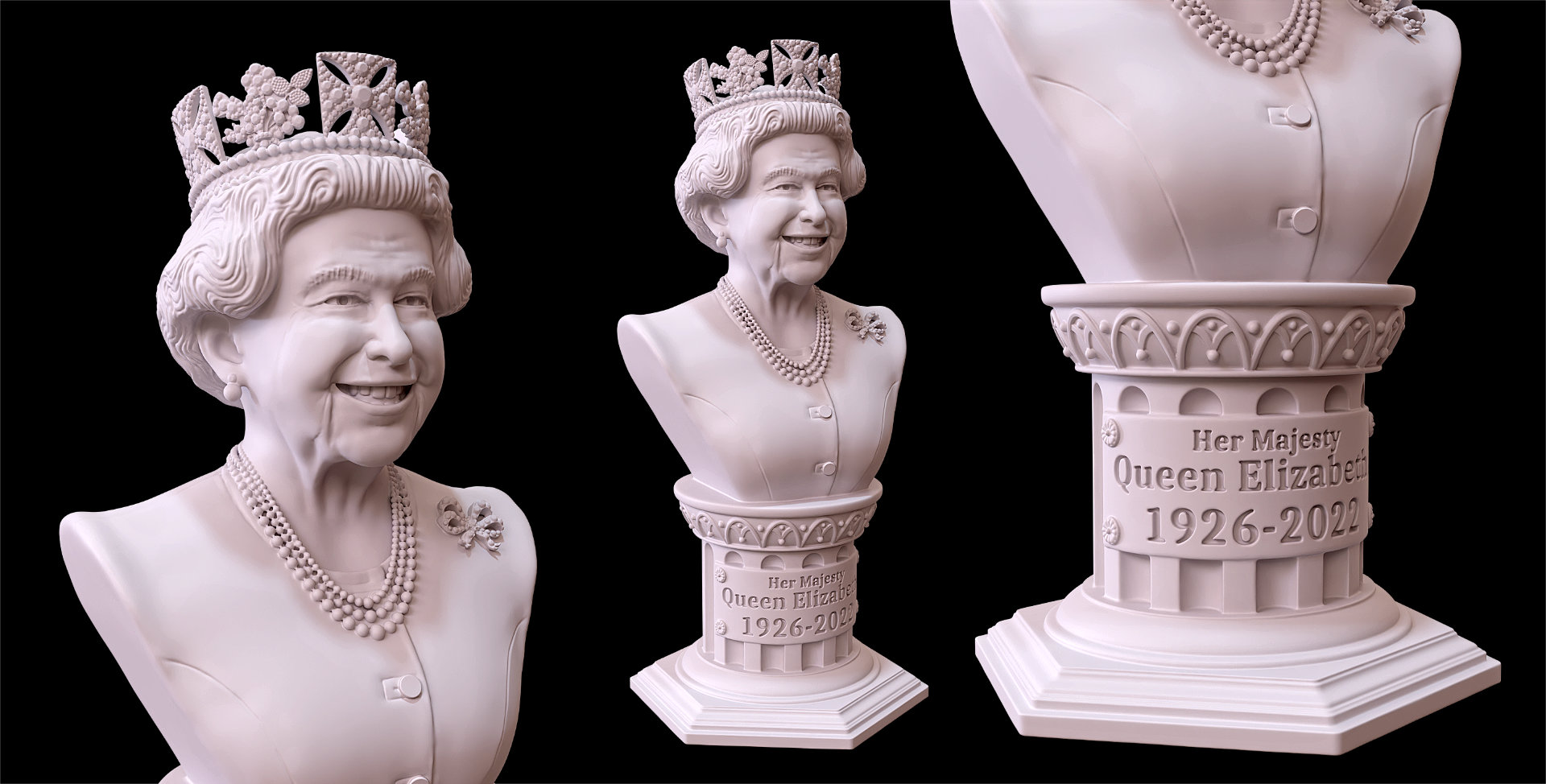 Bust of queen elizabeth ii adorned with jewelry, set against a black background