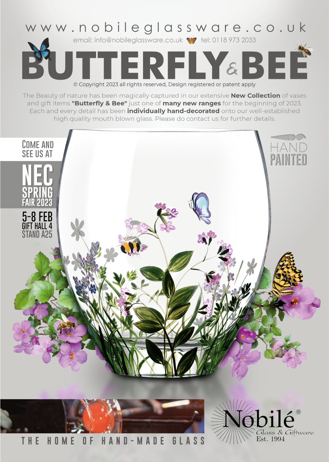 An advert featuring a glass vase filled with flowers and butterflies