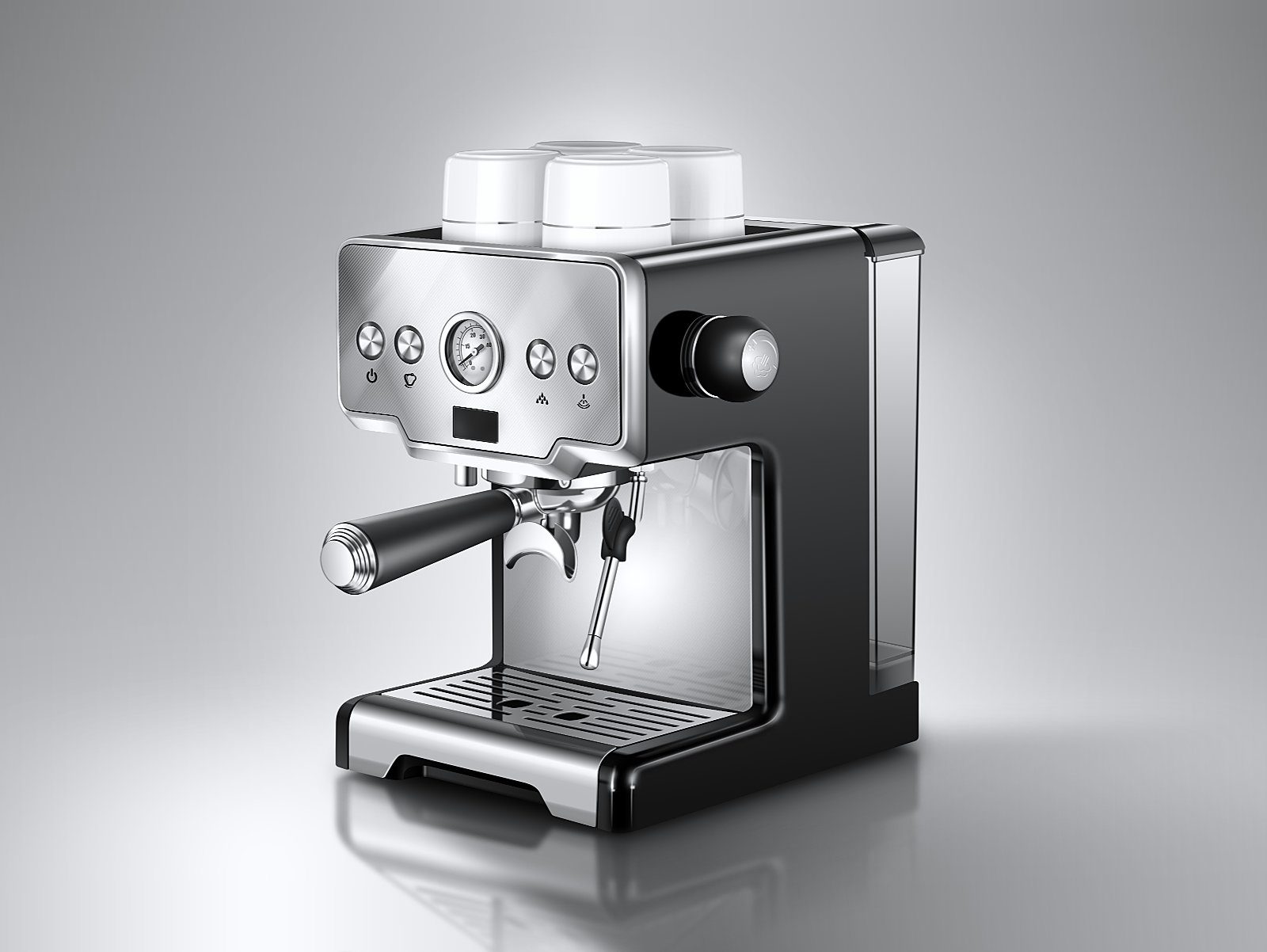 A modern espresso machine on a plain gray background