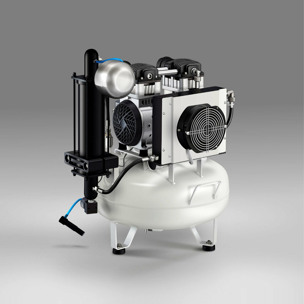A vector illustration of compressor with a compressor pump attached to it on a gray background