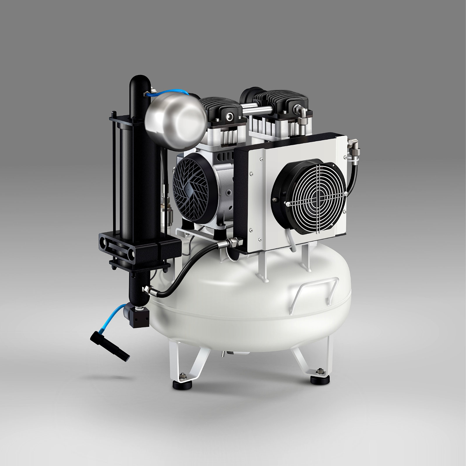 A vector illustration of compressor with a compressor pump attached to it on a gray background