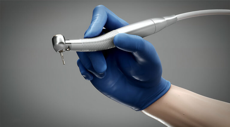 A hand in a blue glove holding a medical instrument