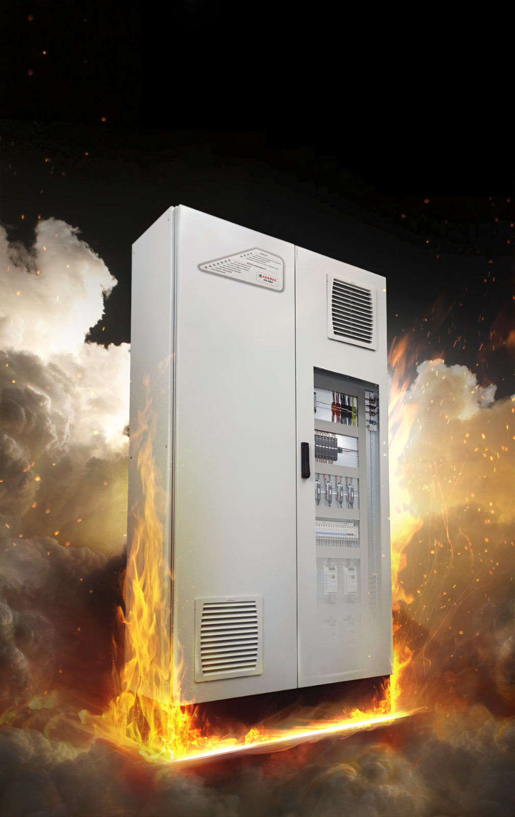 A large white electrical panel with flames and smoke surrounding it, set against a dark sky with clouds