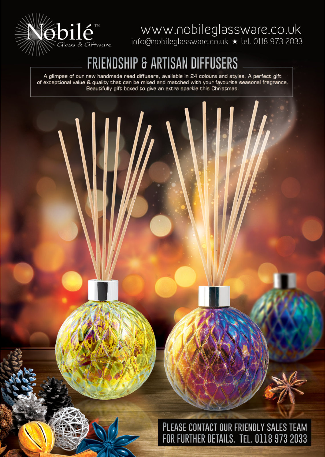A festive holiday ad featuring reed diffusers with colorful ornaments and decorative elements