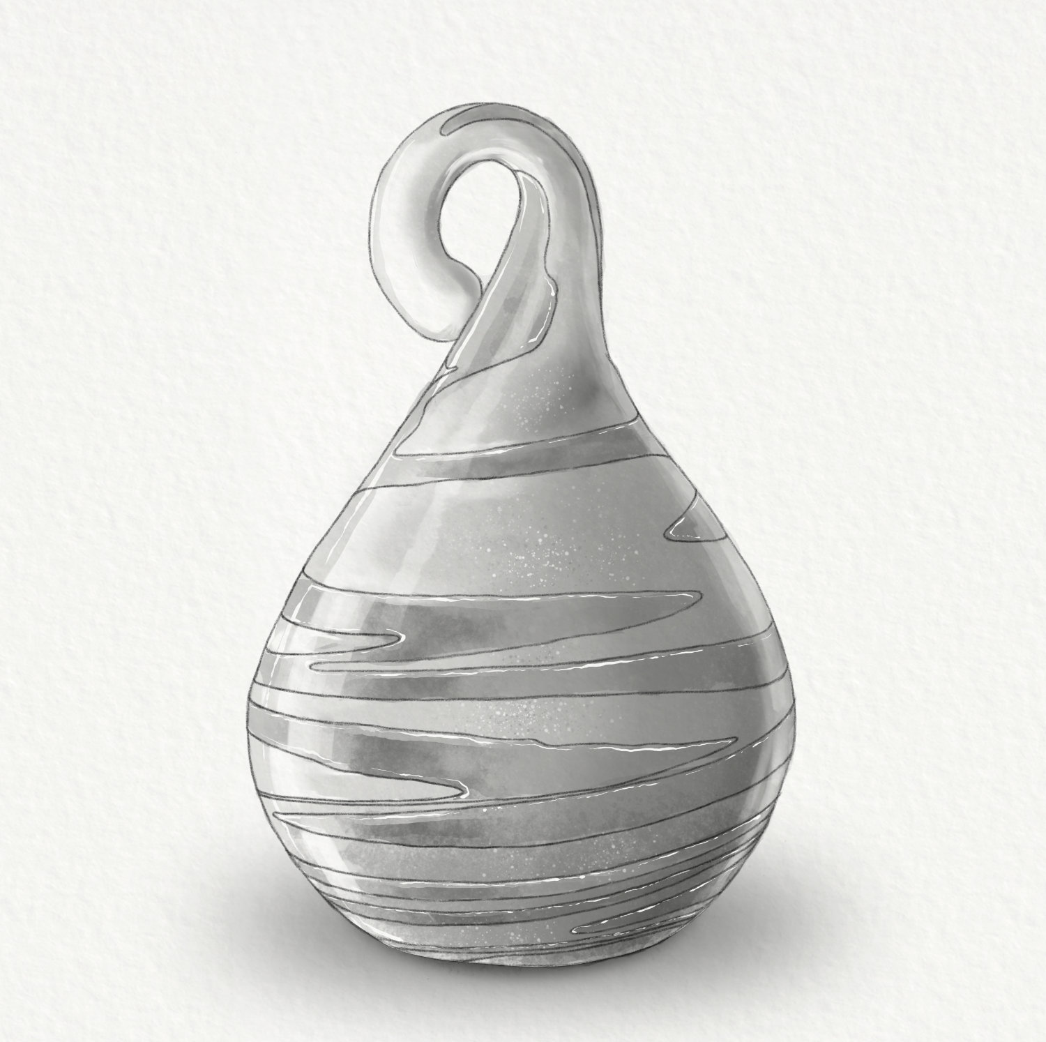 A decorative vase with a curved neck and striped surface