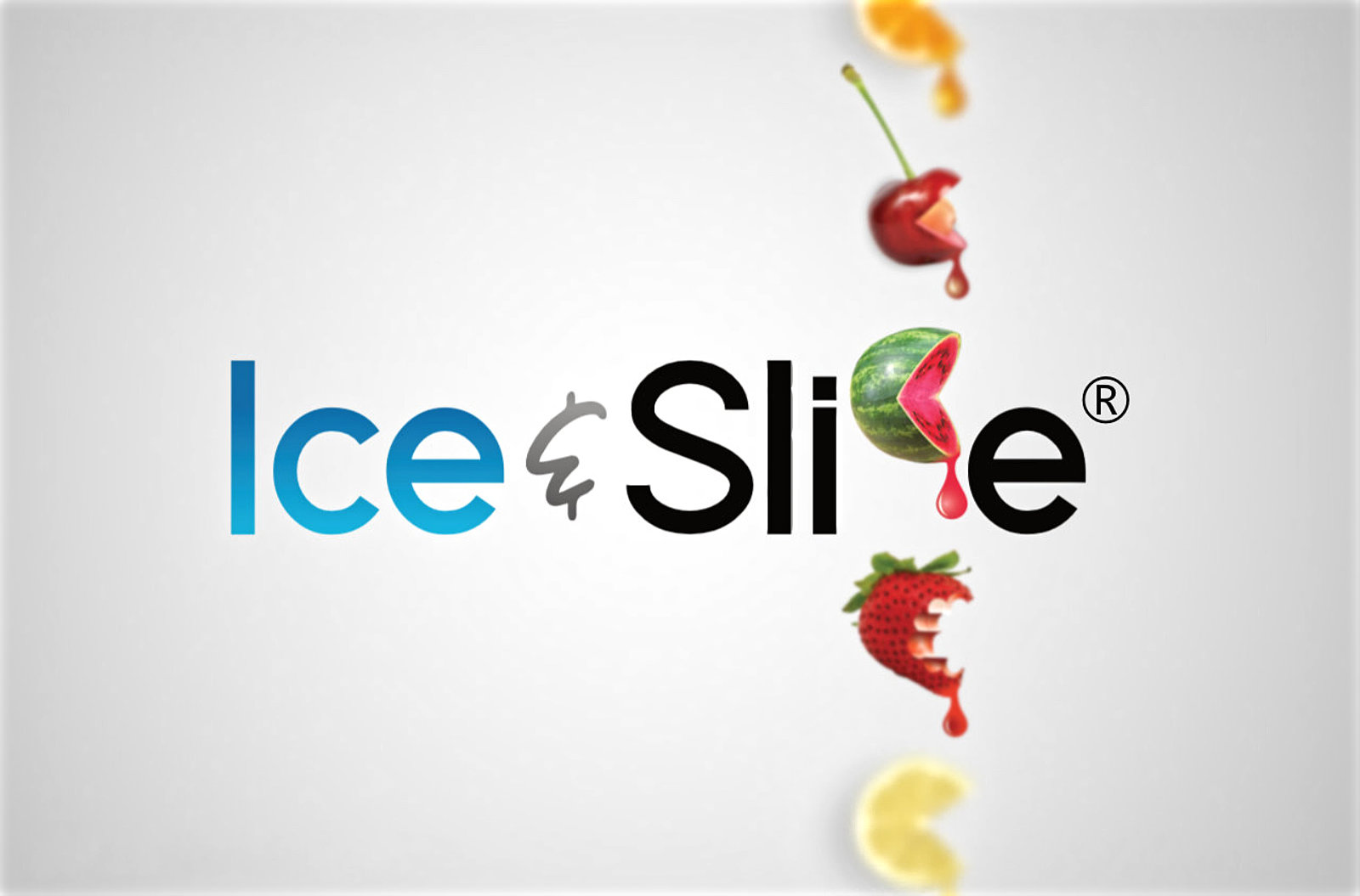 A logo for ice and slice with colorful fruit splashing around it