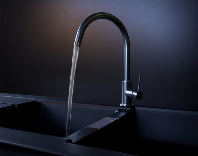 A modern kitchen sink with a sleek black faucet and flowing water