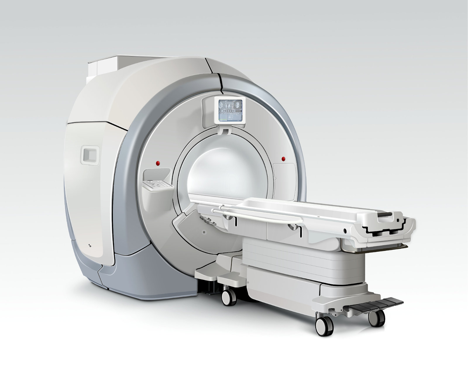 A medical imaging machine with a hospital bed in front of it