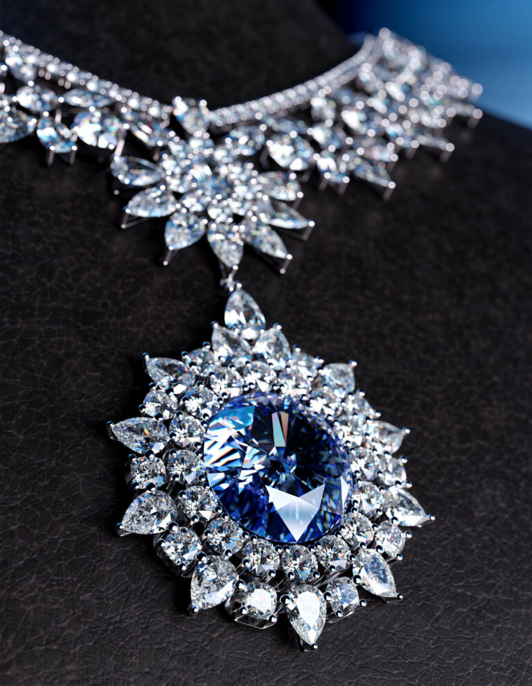 A close-up of a diamond and sapphire necklace on a black surface