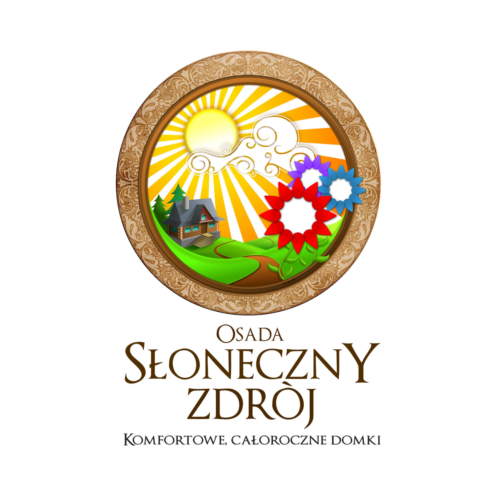 A colorful logo with a house and flowers in a circular frame.