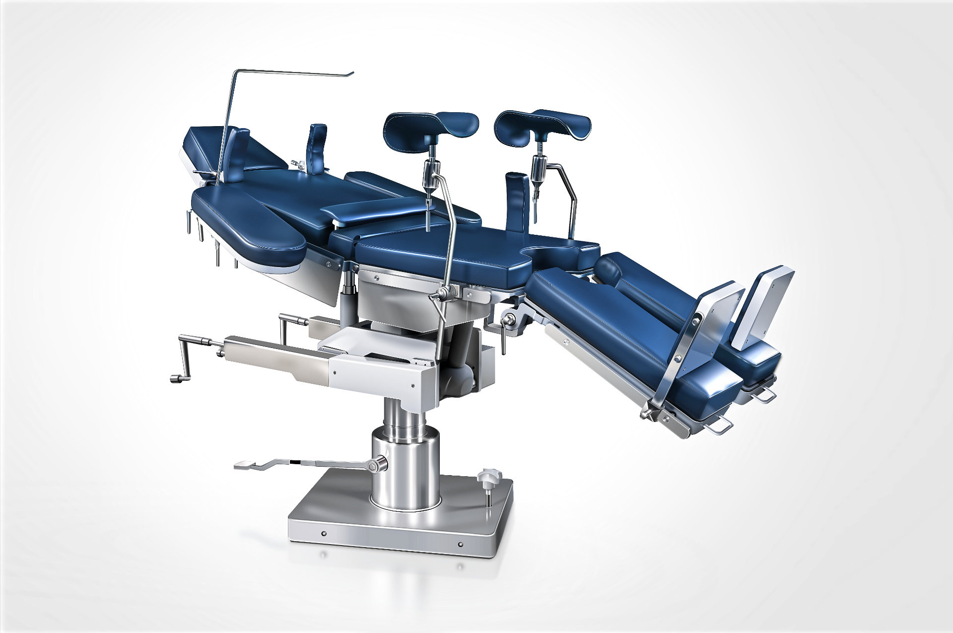 A medical operating table with blue leather seats and a stainless steel base