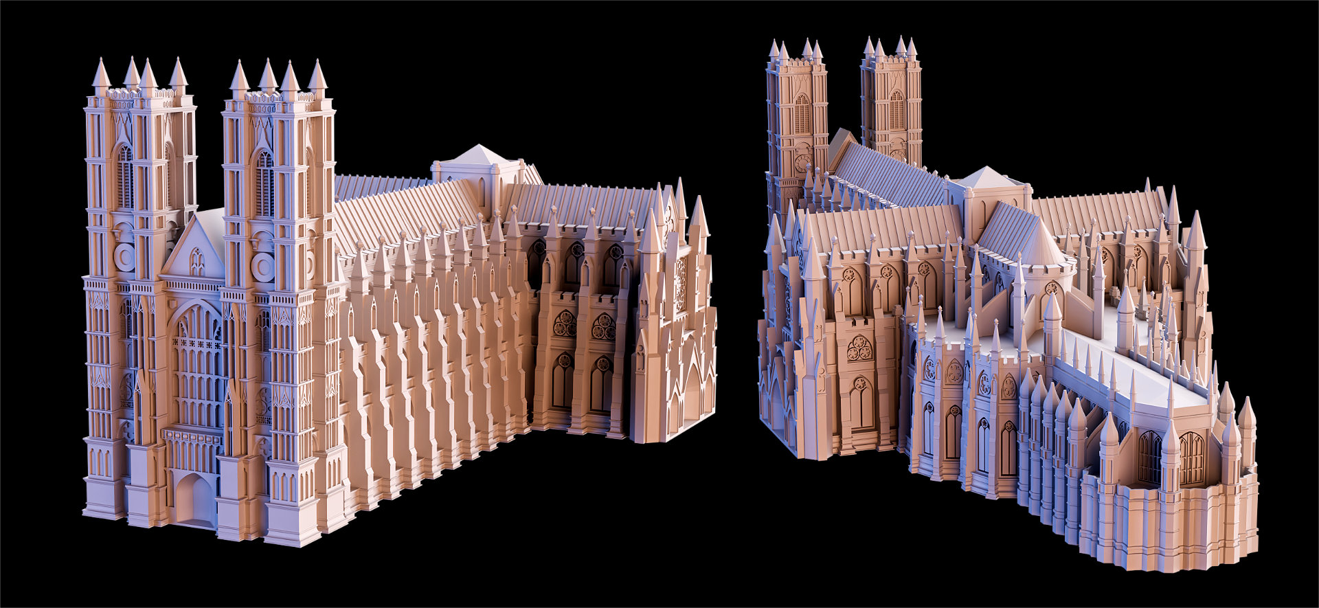 Two low-angle views of a cathedral, showcasing intricate architectural details